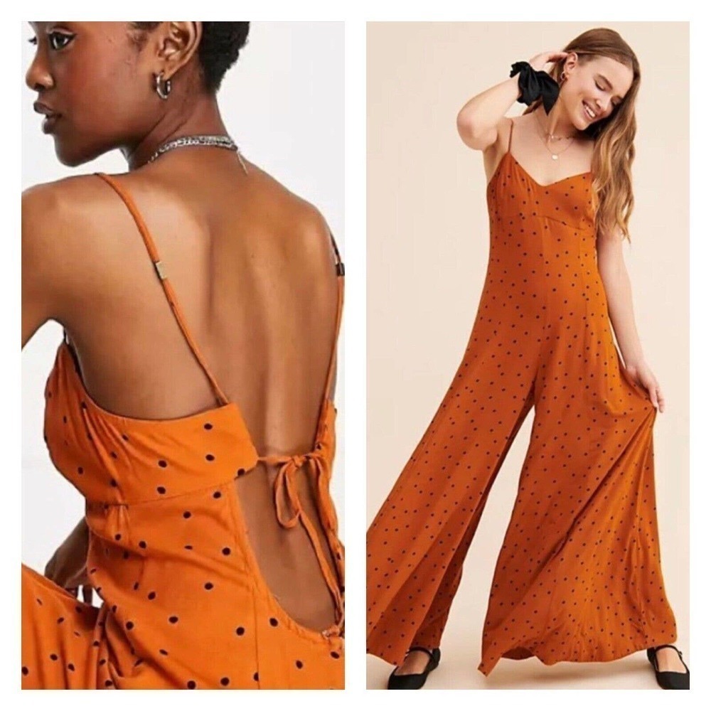 Free People Rust Orange Black Polka Dot Open Back Wide Leg Jumpsuit Size XS NWT